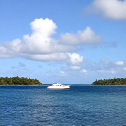 Caribbean Holidays, Grenada Island Hopping, A small Caribbean ferry or inter-island aircraft connecting Grenada with another tropical island, with blue sea and scattered clouds