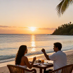 Caribbean Holidays, Grenada Island Hopping, Couple enjoying a sunset meal beside the sea in Grenada, with warm light, relaxed atmosphere and tropical coastline