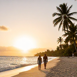 Caribbean Holidays, Grenada Island Hopping, Couple walking along a quiet Caribbean beach at sunset with palm trees and warm golden light