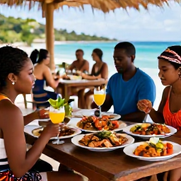 Caribbean Holidays, Grenada Island Hopping, Visitors dining outdoors at a relaxed Caribbean restaurant, with fresh seafood, tropical fruit and colourful local dishes