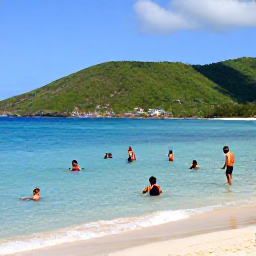 Caribbean Holidays, Grenada Island Hopping, Visitors swimming and snorkelling in clear water beside a quiet Grenadian beach, with green hills in the background