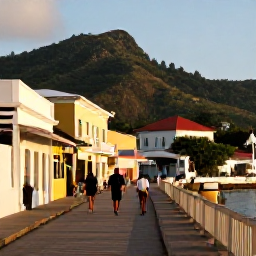 Caribbean Holidays, Grenada Island Hopping, Visitors walking through St George&rsquo;s, Grenada, with pastel buildings, a harbour and hillside streets in warm afternoon light