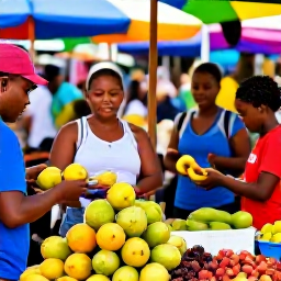 Caribbean Holidays, Grenada January Breaks, Fresh fruit, spices and local produce displayed at a lively market in St George's, Grenada, with friendly shoppers