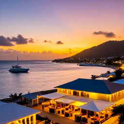 Caribbean Holidays, Grenada January Breaks, Sunset over the harbour of St George's, Grenada, with warmly lit restaurants, yachts and hills in the background