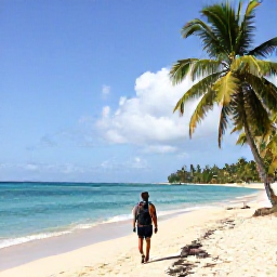 Caribbean Holidays, Grenada January Holidays, A backpacker walking along Grand Anse Beach in Grenada on a sunny January morning, turquoise sea, palm trees and a relaxed Caribbean atmosphere