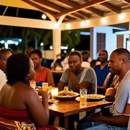 Caribbean Holidays, Grenada January Holidays, A friendly evening cultural gathering in Grenada with local food, live music, warm lights and visitors enjoying an authentic island atmosphere