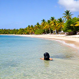 Caribbean Holidays, Grenada January Holidays, A quiet Caribbean beach in Grenada with a backpack, snorkeller in clear shallow water, palm trees and warm January sunshine