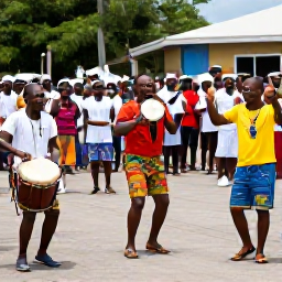 Caribbean Holidays, Grenada January Holidays, A traditional Grenadian music and dance performance outdoors, with colourful clothing, drums and a cheerful local audience
