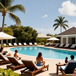 Caribbean Holidays, Grenada January Holidays, All-inclusive resort in Grenada with an inviting swimming pool, sun loungers, tropical gardens and guests enjoying a peaceful January afternoon
