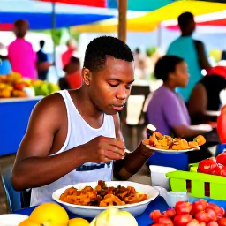 Caribbean Holidays, Grenada January Holidays, Backpacker eating fresh Grenadian food at a casual seaside stall, colourful market ingredients and local people in a lively Caribbean setting