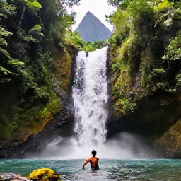 Caribbean Holidays, Grenada January Holidays, Backpacker swimming beneath a small waterfall in Grand Etang National Park, lush rainforest, volcanic mountains and tropical greenery in Grenada