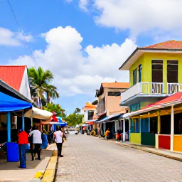 Caribbean Holidays, Grenada January Holidays, Colourful Grenadian street scene in January, with local people, market stalls and Caribbean architecture
