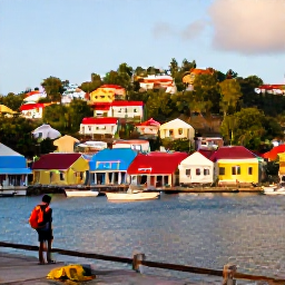 Caribbean Holidays, Grenada January Holidays, Colourful St George&rsquo;s harbour in Grenada with hillside houses, fishing boats and a backpacker exploring the waterfront in warm afternoon light