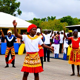Caribbean Holidays, Grenada January Holidays, Grenadian cultural performance with dancers and musicians in colourful clothing during a January community celebration