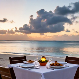 Caribbean Holidays, Grenada January Holidays, Relaxed beachfront dinner in Grenada at sunset, with local Caribbean dishes, lanterns and views across the calm sea