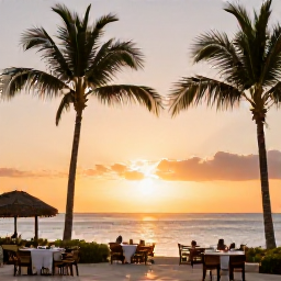 Caribbean Holidays, Grenada January Holidays, Relaxed sunset scene at a Grenada all-inclusive resort, with palm trees, warm sky, outdoor dining and the Caribbean Sea
