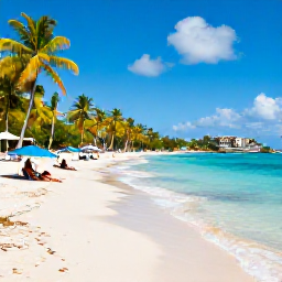 Caribbean Holidays, Grenada January Holidays, Sunny Grand Anse Beach in Grenada with calm turquoise water, palm trees and relaxed holidaymakers in January