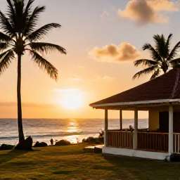 Caribbean Holidays, Grenada January Holidays, Warm sunset over Grenada, with a small hotel terrace, palm trees and the Caribbean Sea in January