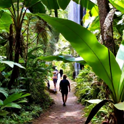 Caribbean Holidays, Grenada July Breaks, Green Grenadian rainforest with a hiking trail, tropical plants, a small waterfall and travellers exploring in July