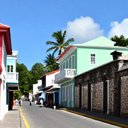 Caribbean Holidays, Grenada July Breaks, Historic St George's street with pastel buildings, old stone walls, local shops and pedestrians under tropical sunshine