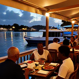 Caribbean Holidays, Grenada July Breaks, Relaxed evening in St George's, Grenada, with waterfront restaurants, warm lights, harbour boats and diners enjoying local food