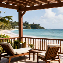 Caribbean Holidays, Grenada July Holidays, A quiet adults-only resort terrace overlooking Grand Anse Beach, Grenada, in warm July sunshine