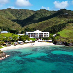 Caribbean Holidays, Grenada July Holidays, Aerial view of Grenada's coastline in July, showing clear turquoise water, green hills and a stylish luxury resort