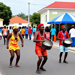 Caribbean Holidays, Grenada July Holidays, Colourful Grenadian street festival with dancers in bright costumes, musicians playing steel pans, and friendly crowds in St George's