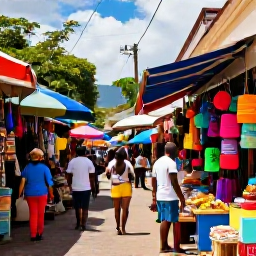 Caribbean Holidays, Grenada July Holidays, Colourful market and historic street in St George's, Grenada, with visitors exploring local produce and shops
