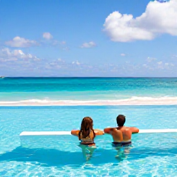 Caribbean Holidays, Grenada July Holidays, Couple relaxing beside an infinity pool at an adults-only hotel overlooking the sea in Grenada