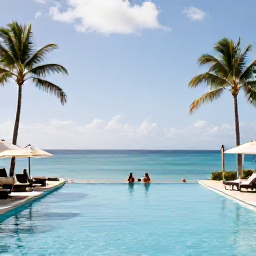 Caribbean Holidays, Grenada July Holidays, Elegant beachfront resort in Grenada with an infinity pool, palm trees and guests enjoying a sunny July afternoon