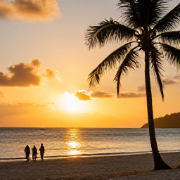 Caribbean Holidays, Grenada July Holidays, Golden sunset over Grand Anse Beach in Grenada, with palm trees, calm sea and a couple walking along the sand