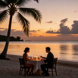 Caribbean Holidays, Grenada July Holidays, Romantic beachfront dinner for two in Grenada at sunset, with candles, palm trees and calm Caribbean water