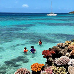 Caribbean Holidays, Grenada July Holidays, Snorkellers exploring clear Caribbean water near a colourful coral reef in Grenada, with a small boat offshore
