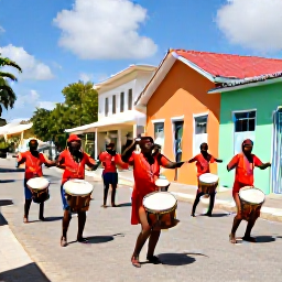 Caribbean Holidays, Grenada July Holidays, Traditional Grenadian dancers and drummers rehearsing for carnival in a sunny village street, surrounded by colourful buildings