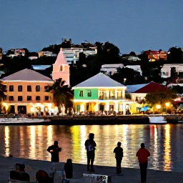 Caribbean Holidays, Grenada July Holidays, Warm evening in St George's Grenada, showing the harbour, pastel buildings, twinkling lights, and visitors enjoying local music