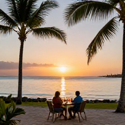 Caribbean Holidays, Grenada June Holidays, A couple enjoying a sunset drink at a Grenada beachfront resort, with palm trees and calm Caribbean sea
