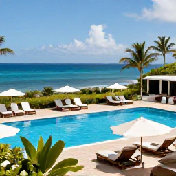 Caribbean Holidays, Grenada June Holidays, An inviting all-inclusive resort in Grenada with a swimming pool, sun loungers, tropical gardens and views towards the sea