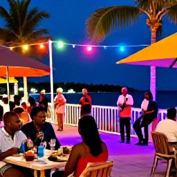 Caribbean Holidays, Grenada June Holidays, Relaxed Grenadian evening with local musicians, diners and colourful lights near the waterfront