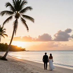 Caribbean Holidays, Grenada June Weddings, Bride and groom walking along a quiet Grenada beach at sunset in June, with palm trees and calm Caribbean water