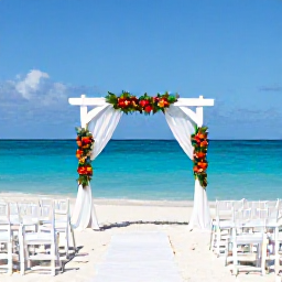 Caribbean Holidays, Grenada June Weddings, Elegant beach wedding ceremony in Grenada with white chairs, tropical flowers and turquoise sea