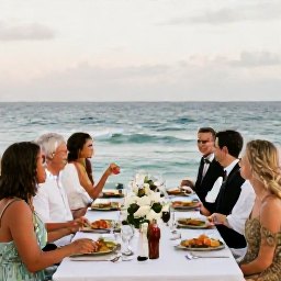 Caribbean Holidays, Grenada June Weddings, Happy wedding guests sharing a relaxed meal at an outdoor Grenada reception overlooking the sea