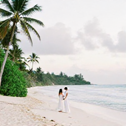 Caribbean Holidays, Grenada June Weddings, Romantic newlyweds enjoying a quiet Grenada beach morning with tropical greenery and gentle waves