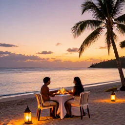 Caribbean Holidays, Grenada Luxury Holidays, A couple enjoying a private sunset dinner on a Grenada beach, with lanterns, tropical palms and the Caribbean Sea