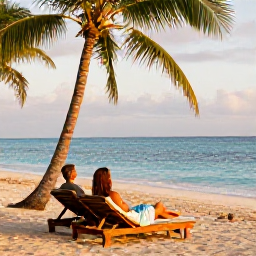 Caribbean Holidays, Grenada Luxury Holidays, A couple relaxing on a quiet Grenadian beach at golden hour, with luxury loungers, swaying palms and calm turquoise sea