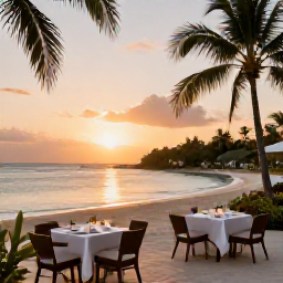 Caribbean Holidays, Grenada Luxury Holidays, A luxurious beachfront resort in Grenada at sunset, with palm trees, calm turquoise water and elegant outdoor dining