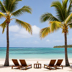 Caribbean Holidays, Grenada Luxury Holidays, A luxurious beachfront resort in Grenada with palm trees, calm turquoise sea and elegant sun loungers