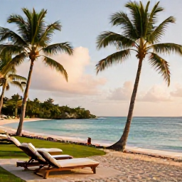 Caribbean Holidays, Grenada Luxury Holidays, A luxury beachfront resort in Grenada at golden hour, with palm trees, calm turquoise sea and elegant sun loungers