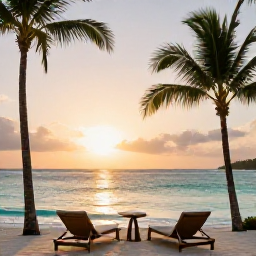 Caribbean Holidays, Grenada Luxury Holidays, A luxury beachfront resort in Grenada at sunset, with calm turquoise sea, palm trees and elegant loungers