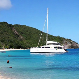 Caribbean Holidays, Grenada Luxury Holidays, A luxury catamaran sailing along the Grenada coast, with snorkellers near a quiet bay and green hills in the background